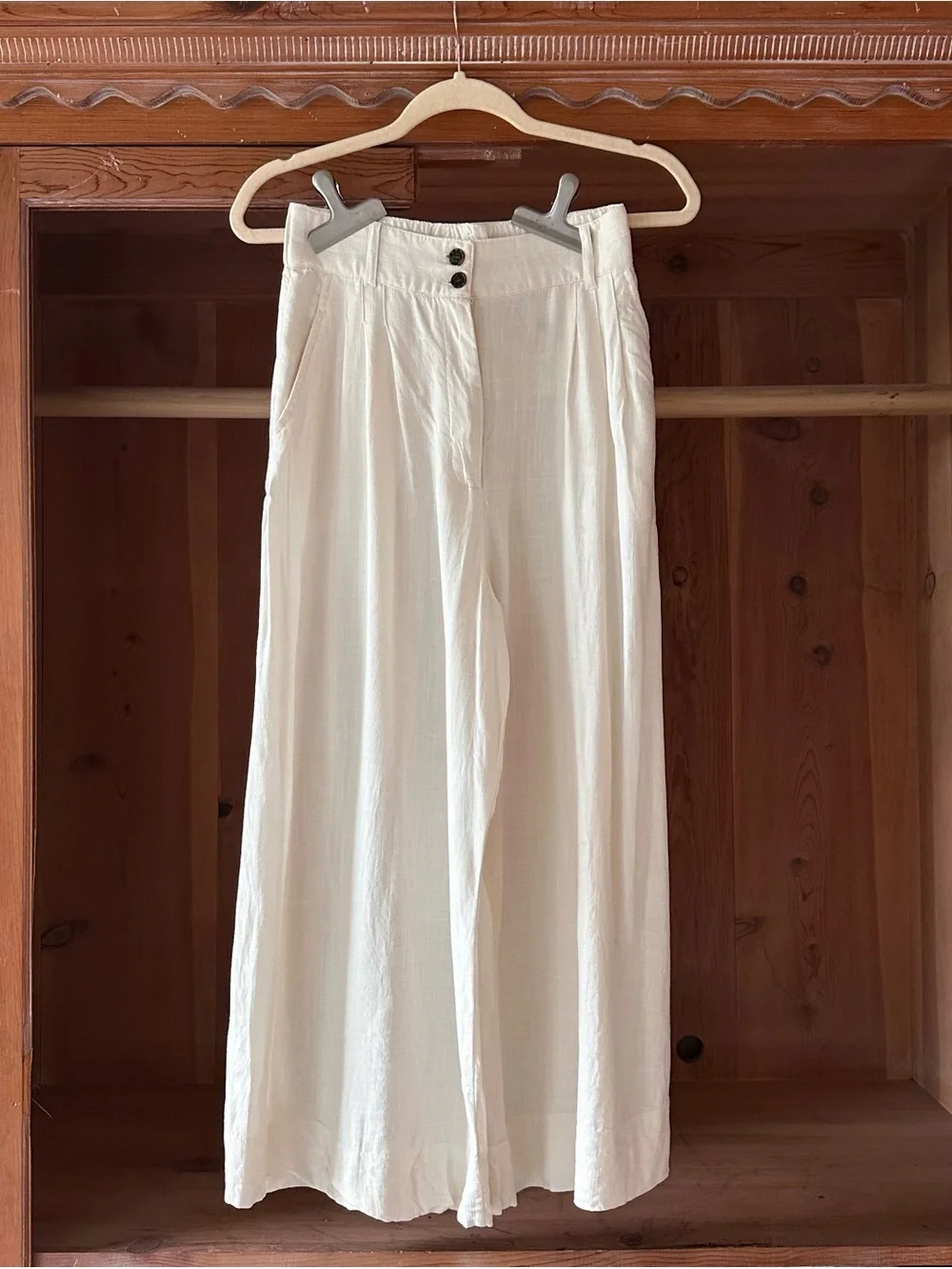 Cream Wide-Leg Cropped Linen Blend Pants